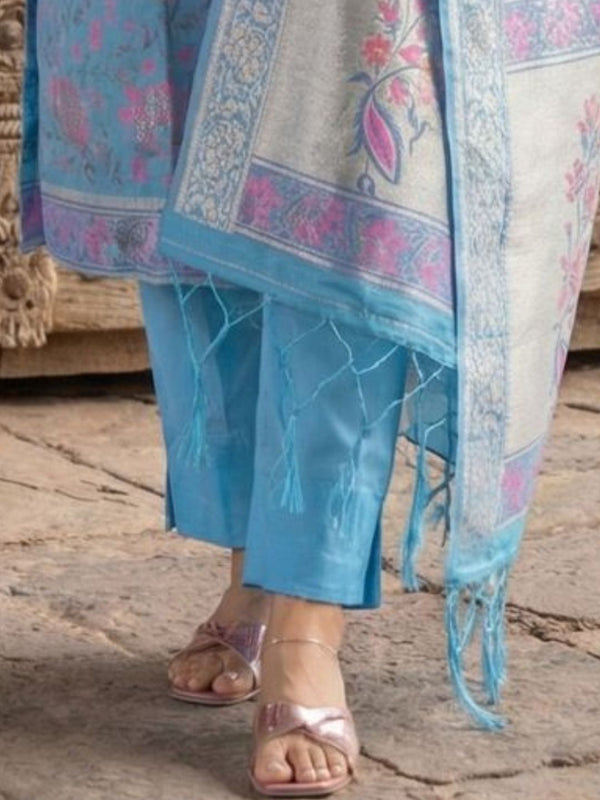 Indiehaat | Banarasi Silk Brocade Stitched Suit Blue
