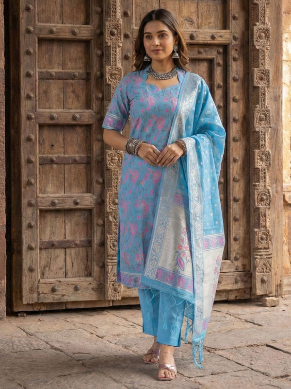 Indiehaat | Banarasi Silk Brocade Stitched Suit Blue