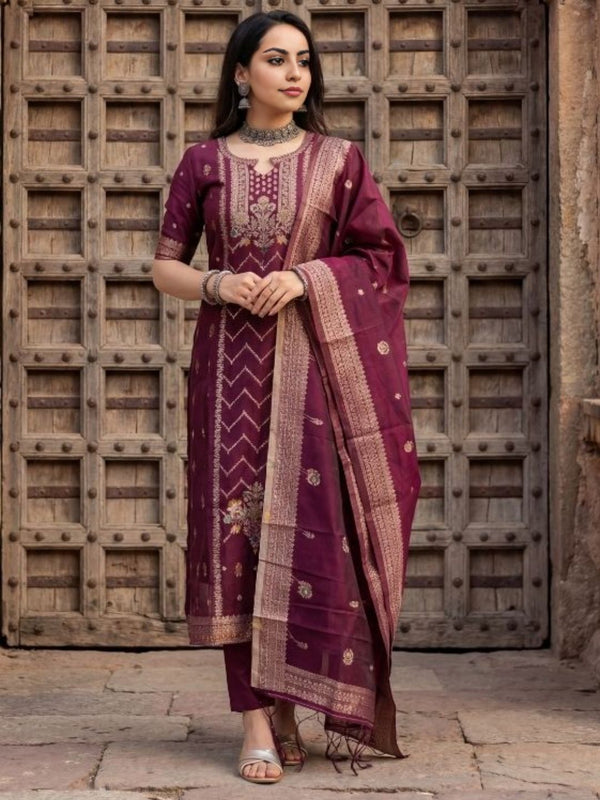 Indiehaat | Cotton Mix Brocade Stitched Suit Maroon