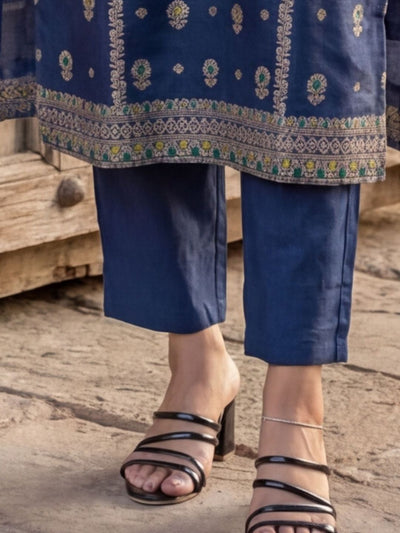 Indiehaat | Cotton Mix Brocade Stitched Suit Blue
