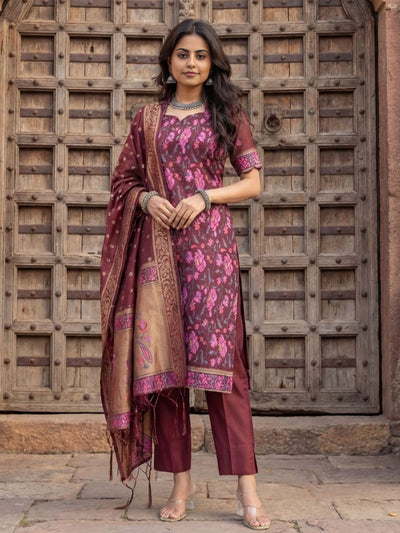 Indiehaat | Banarasi Silk Brocade Stitched Suit Brown