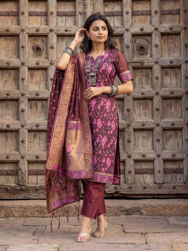 Indiehaat | Banarasi Silk Brocade Stitched Suit Brown