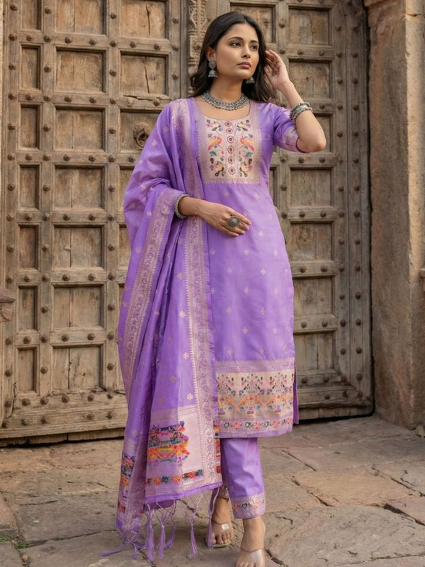 Indiehaat | Banarasi Silk Brocade Stitched Suit Purple