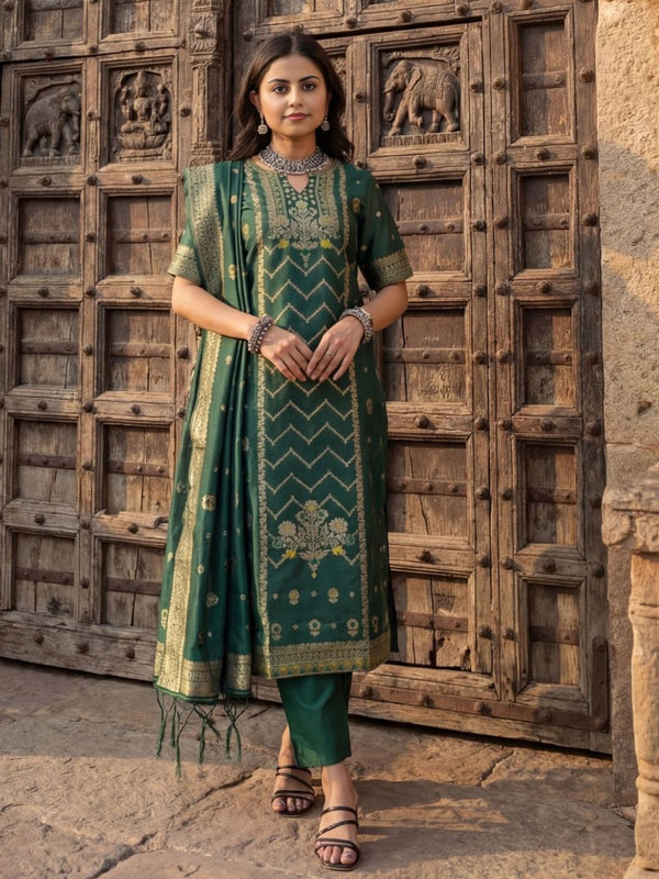 Indiehaat | Cotton Mix Brocade Stitched Suit Green