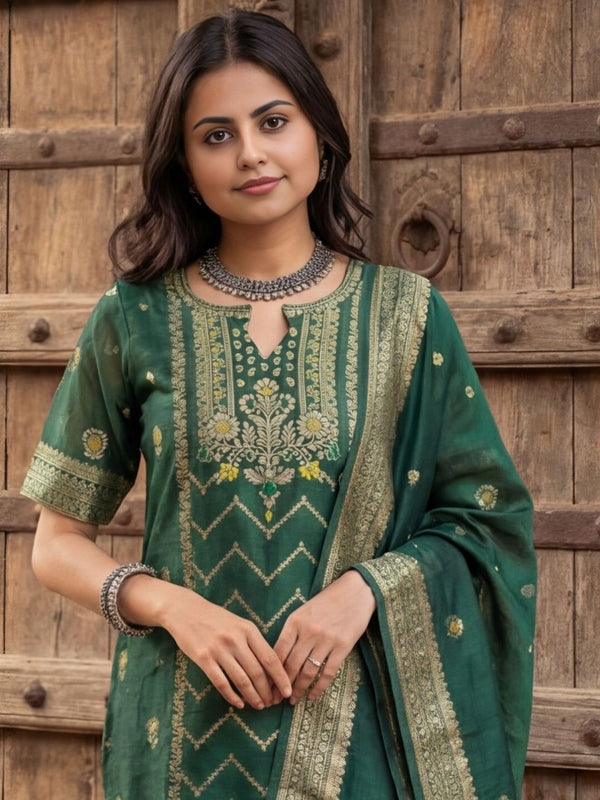 Indiehaat | Cotton Mix Brocade Stitched Suit Green