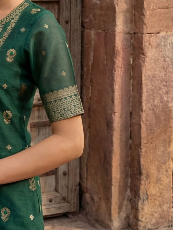 Indiehaat | Cotton Mix Brocade Stitched Suit Green