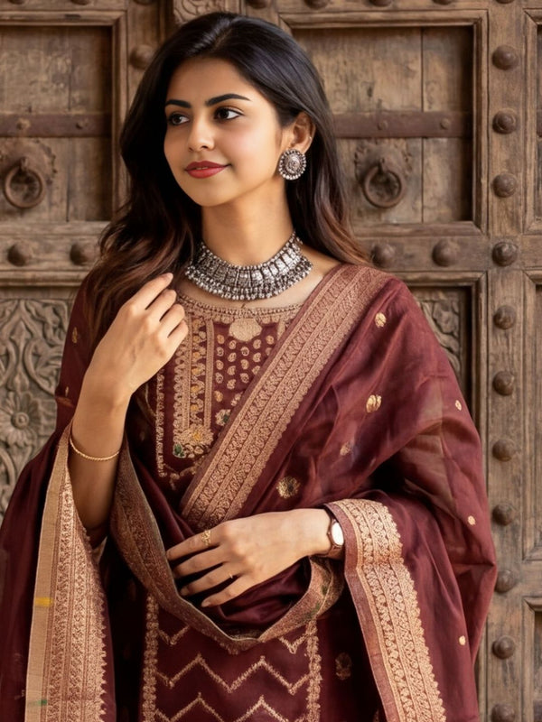 Indiehaat | Cotton Mix Brocade Stitched Suit Brown