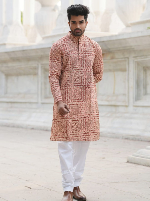 Indiehaat | Pure Cotton Block Print Kurta Pyjama Beige