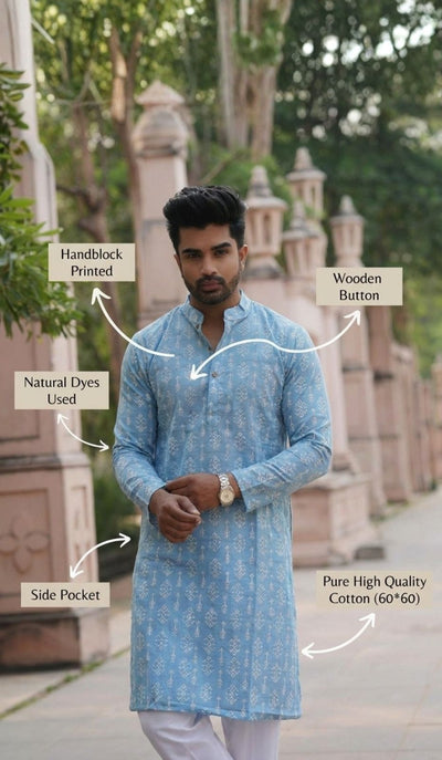 Indiehaat | Pure Cotton Block Print Kurta Pyjama Blue