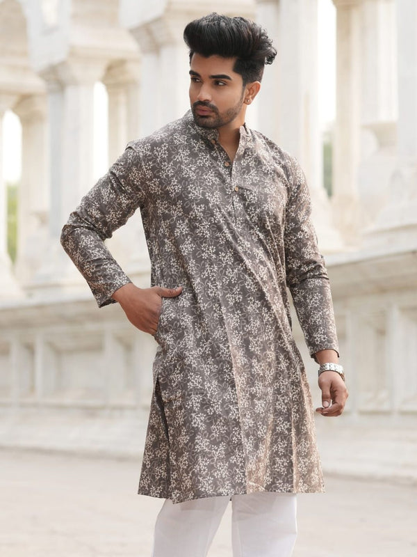 Indiehaat | Pure Cotton Block Print Kurta Pyjama Brown