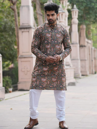Royal Reflection Blockprint Kurta & Pyjama Dark Olive
