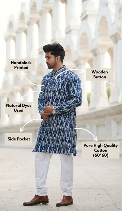 Indiehaat | Pure Cotton Block Print Kurta Pyjama Blue