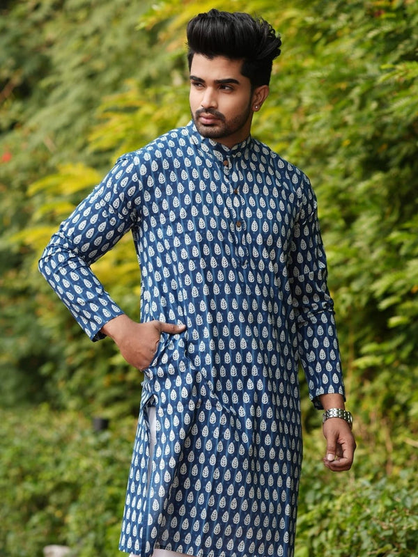 Indiehaat | Pure Cotton Block Print Kurta Pyjama Blue