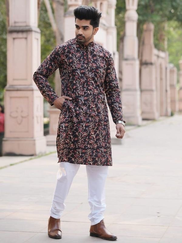 Indiehaat | Pure Cotton Block Print Kurta Pyjama Black