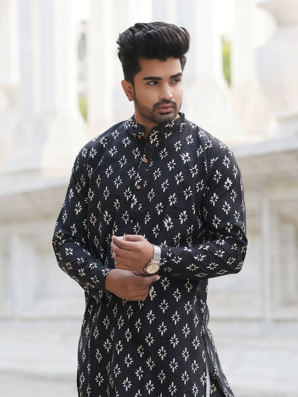 Indiehaat | Pure Cotton Block Print Kurta Pyjama Black