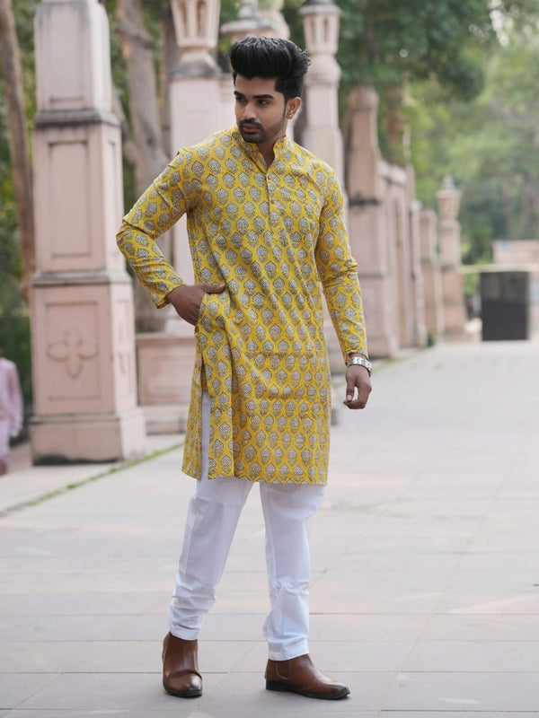 Indiehaat | Pure Cotton Block Print Kurta Pyjama Yellow