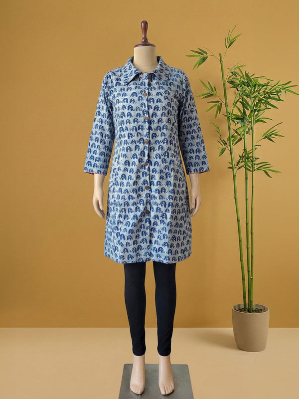 Indiehaat | Pure Cotton Blockprint Winter Jacket Blue