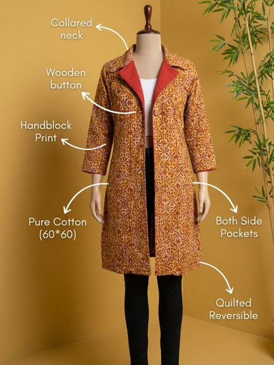 Indiehaat | Pure Cotton Blockprint Winter Jacket Yellow