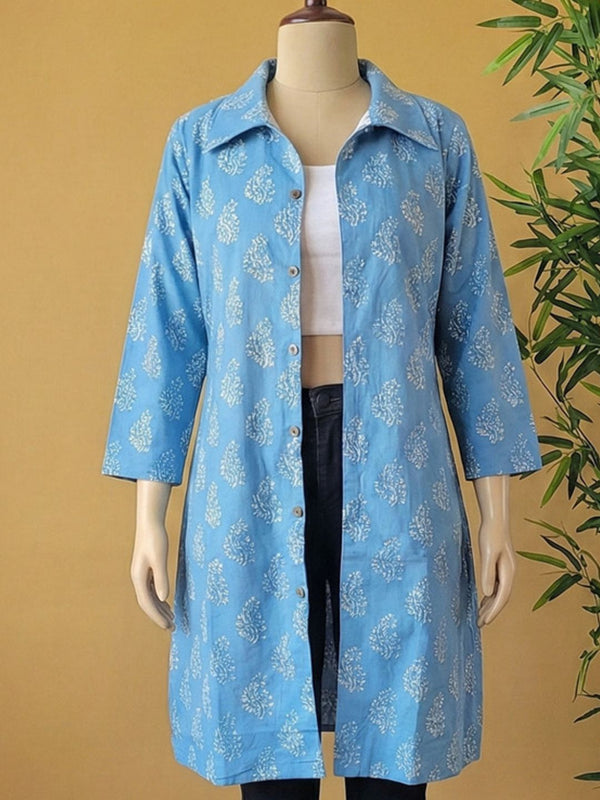 Indiehaat | Pure Cotton Blockprint Winter Jacket Blue