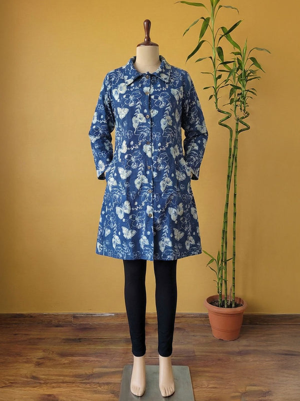 Indiehaat | Pure Cotton Blockprint Winter Jacket Blue