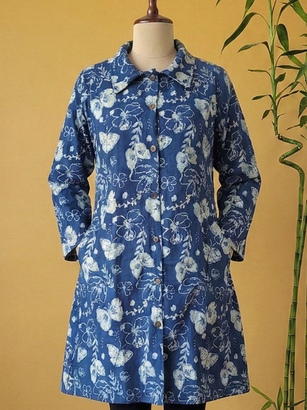 Indiehaat | Pure Cotton Blockprint Winter Jacket Blue