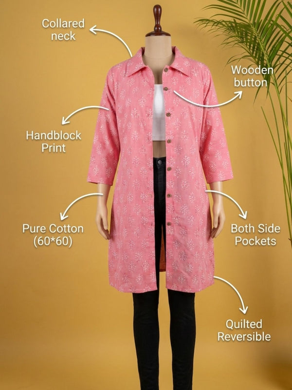 Indiehaat | Pure Cotton Blockprint Winter Jacket Pink