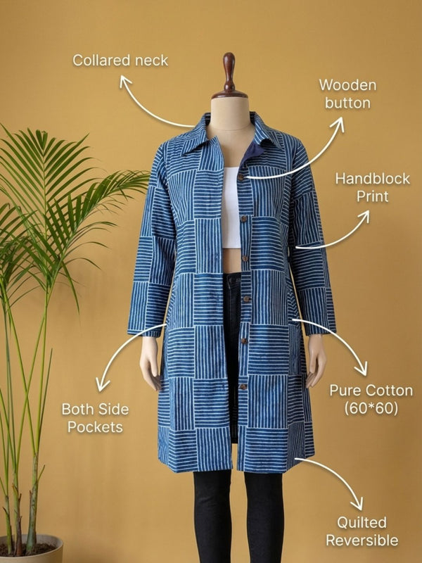 Indiehaat | Pure Cotton Blockprint Winter Jacket Blue
