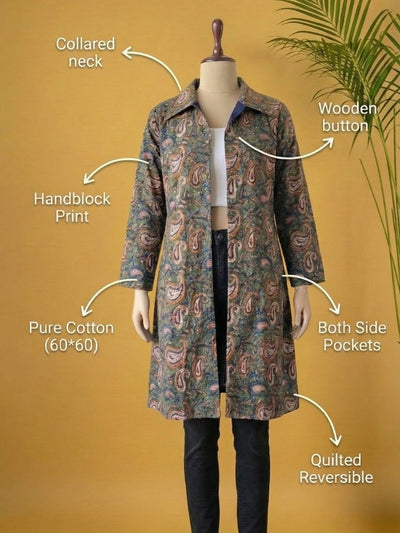 Indiehaat | Pure Cotton Blockprint Winter Jacket Green