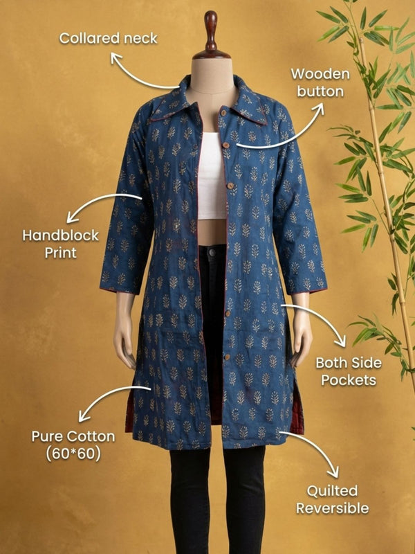 Indiehaat | Pure Cotton Blockprint Winter Jacket Blue