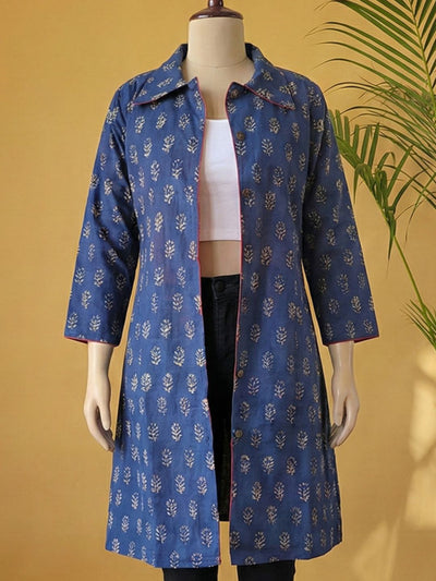 Indiehaat | Pure Cotton Blockprint Winter Jacket Blue