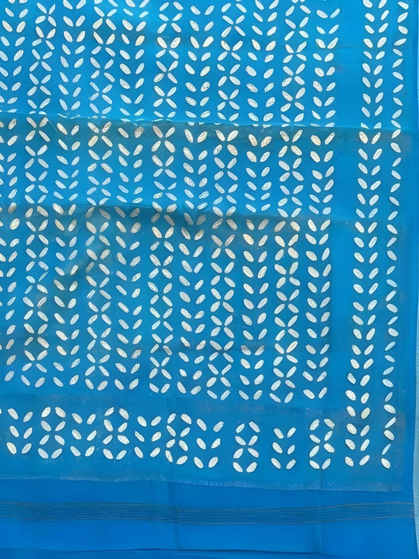 Indiehaat | Pure Chandei Silk Applique Saree Blue