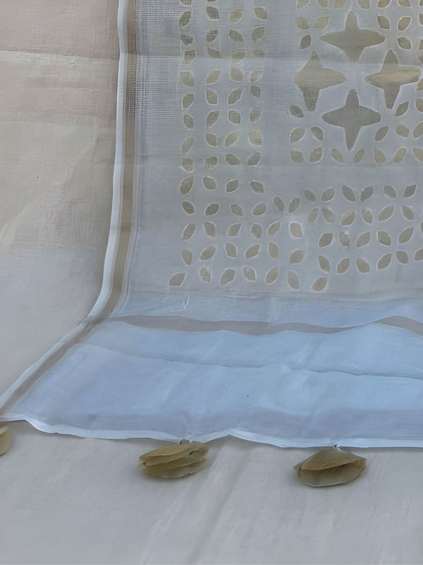 Indiehaat | Pure Chandei Silk Applique Saree White