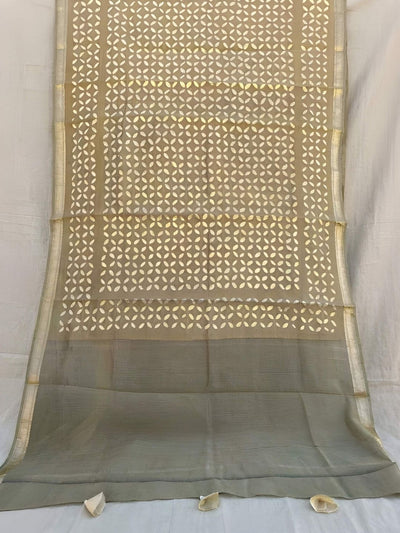 Indiehaat | Pure Chandei Silk Applique Saree Brown
