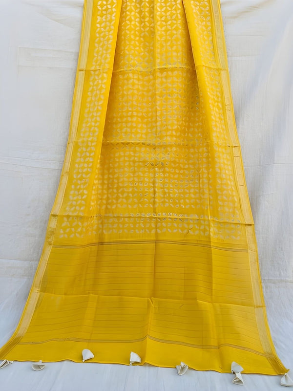 Indiehaat | Pure Chandei Silk Applique Saree Yellow