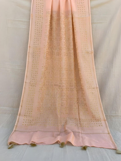 Indiehaat | Pure Chandei Silk Applique Saree Peach