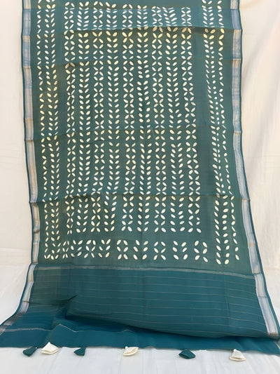 Indiehaat | Pure Chandei Silk Applique Saree Green