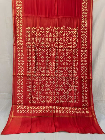 Indiehaat | Pure Chandei Silk Applique Saree Red