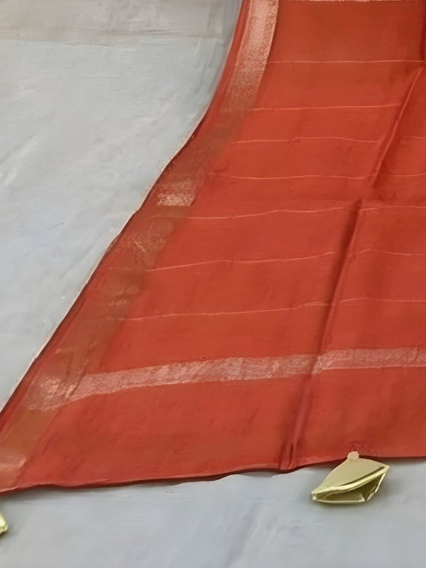 Indiehaat | Pure Chandei Silk Applique Saree Orange