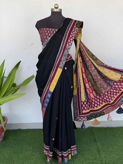 Indiehaat | Pure Mul Cotton Kantha Saree Black