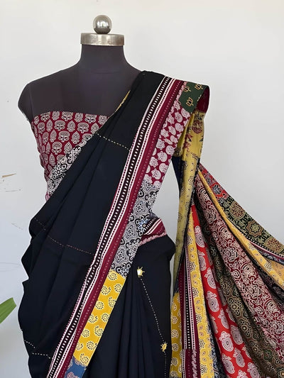 Indiehaat | Pure Mul Cotton Kantha Saree Black