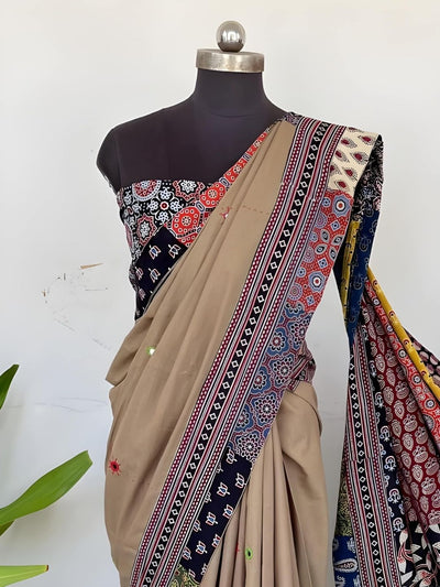 Indiehaat | Pure Mul Cotton Kantha Saree Brown