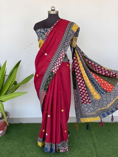 Indiehaat | Pure Mul Cotton Kantha Saree Red