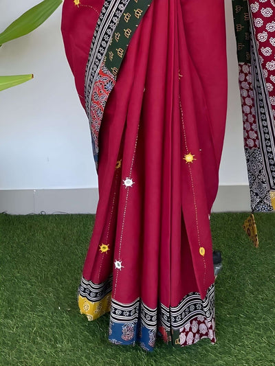 Indiehaat | Pure Mul Cotton Kantha Saree Red