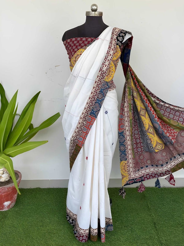 Indiehaat | Pure Mul Cotton Kantha Saree White