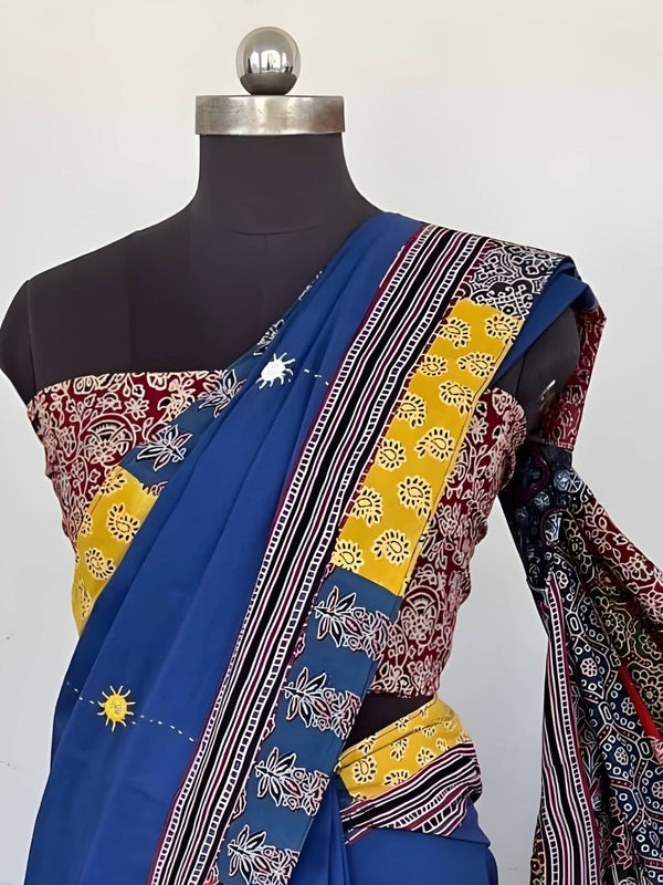 Indiehaat | Pure Mul Cotton Kantha Saree Blue