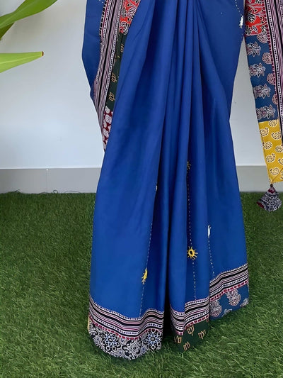 Indiehaat | Pure Mul Cotton Kantha Saree Blue
