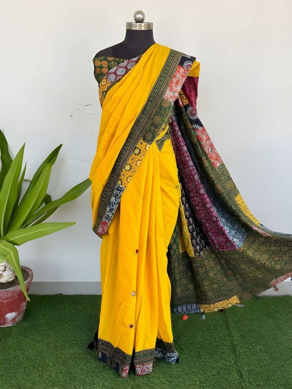 Indiehaat | Pure Mul Cotton Kantha Saree Yellow
