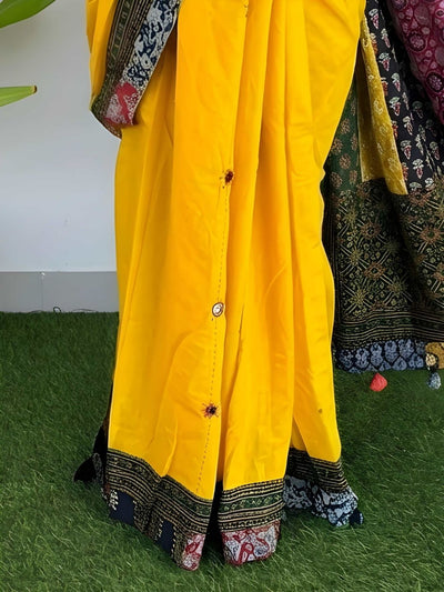 Indiehaat | Pure Mul Cotton Kantha Saree Yellow
