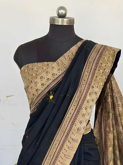 Indiehaat | Pure Mul Cotton Kantha Saree Black