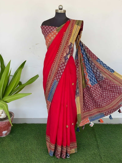 Ruh Leher Pure Mul Cotton Saree Deep Red